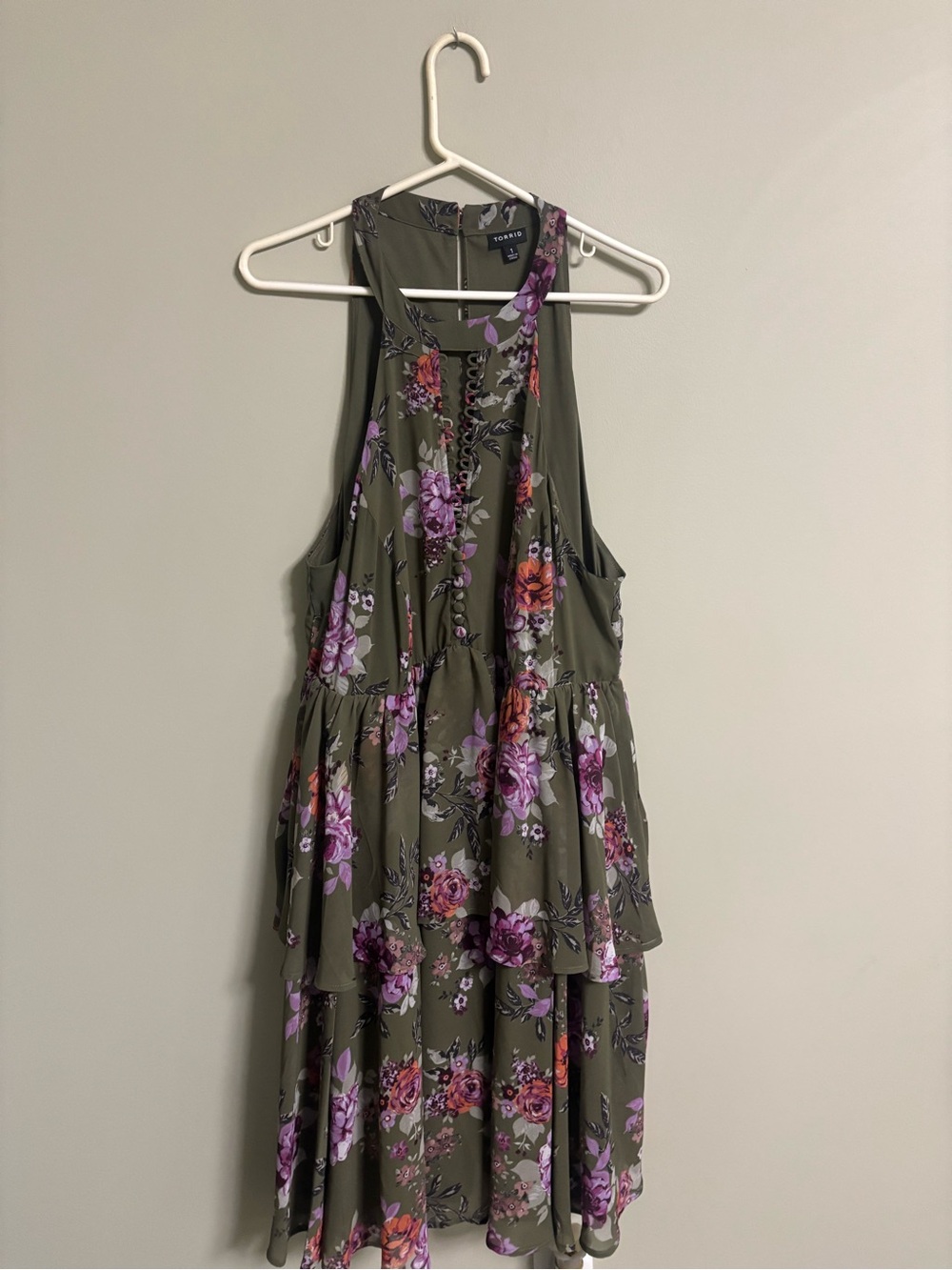 Torrid Dress Floral Olive Green Tiered Halter A Line Sleeveless Keyhole Size 1X - Picture 2 of 8